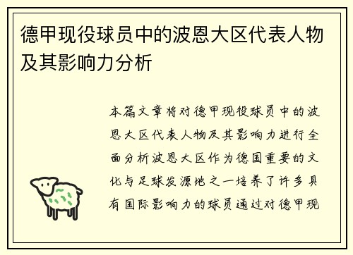 德甲现役球员中的波恩大区代表人物及其影响力分析