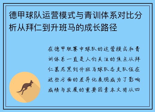 德甲球队运营模式与青训体系对比分析从拜仁到升班马的成长路径